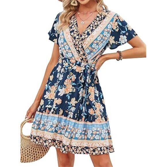 Women's Summer Wrap V-Neck Bohemian Floral Mini Dress – Ruffle Swing A-Line - Picture 7 of 7